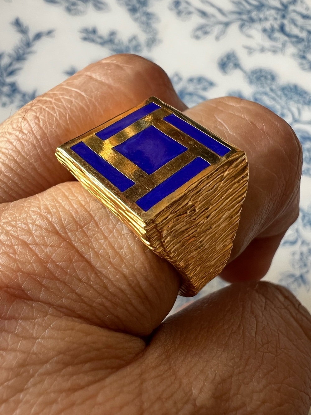 Mens Ring Size 9 Reversible Greek Key Lapis Lazuli Inlay Ring #93